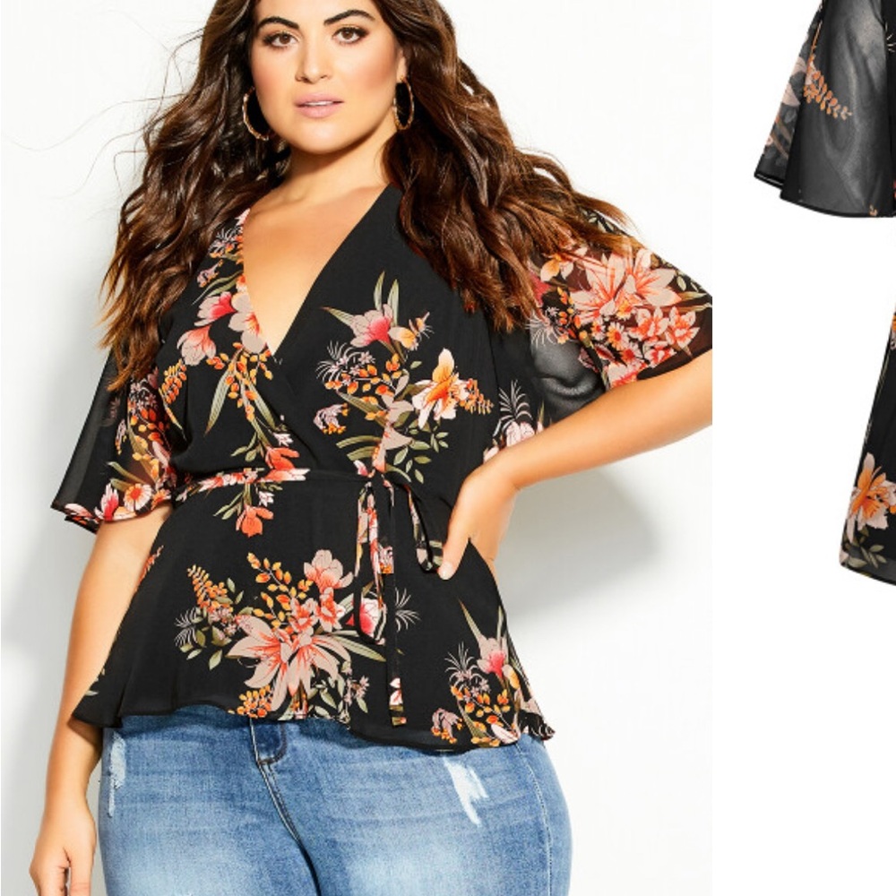 City Chic Black Floral Wrap Blouse with Coral and Cream Accents